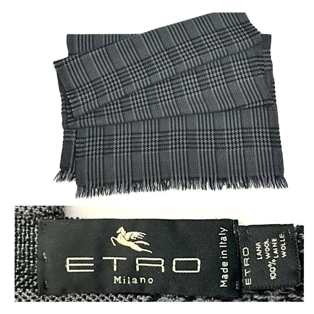 ETRO Milano Wool Oblong Scarf Gray Glen Plaid Men’s Women’s 18x72”